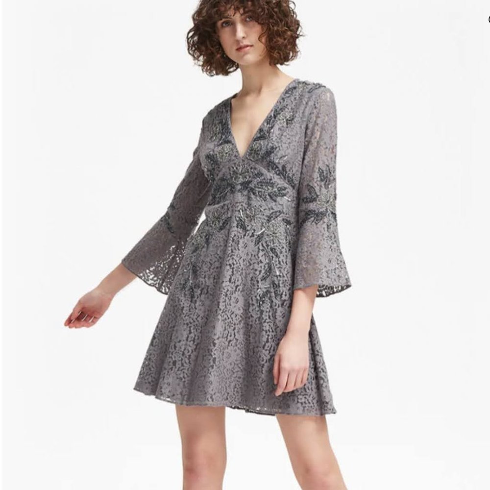 French Connection Esme Shimmer V-neck Floral Lace Dress with Bell Sleeves